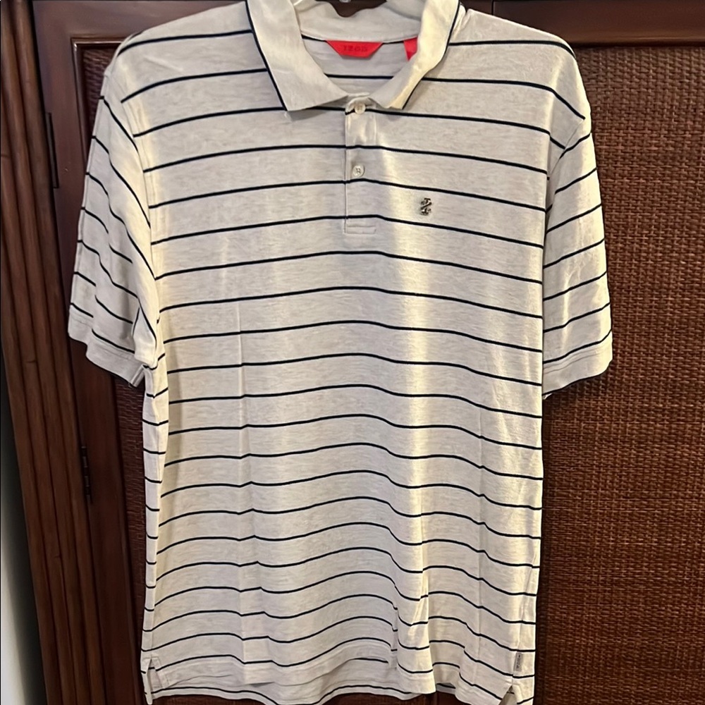 Izod Cream and Navy Polo Shirt Classic Striped Design